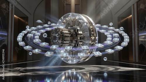 Futuristic glowing orb with intricate machinery and orbiting elements, symbolizing innovation and advanced technology.