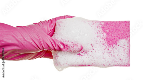 Obraz na płótnie Pink rubber glove holding soapy pink sponge