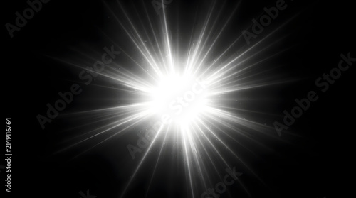 A bright white starburst effect with glowing rays of light isolated on a pure black background for design overlays and digital graphic projects