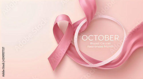 Pink ribbon awareness symbol for breast cancer support with a circular frame on a soft pastel background