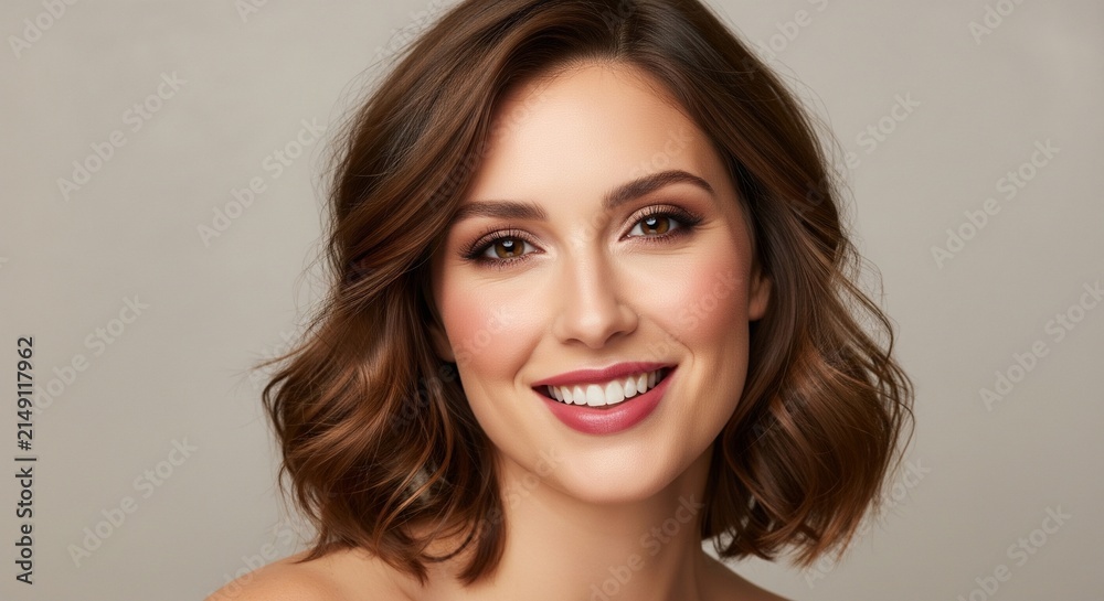 Fototapeta premium Cheerful portrait of a smiling woman with wavy hair and bright makeup showing a happy expression.