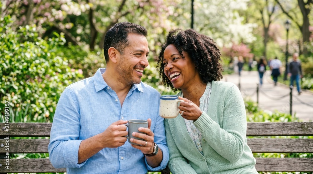 Fototapeta premium Happy multiethnic couple laughing together while drinking coffee on a wooden park bench during a sunny spring day in a lush green city public garden