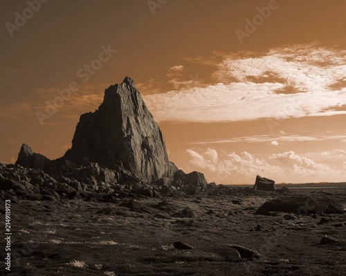 Dramatic Landscape - Jagged Rock Formation Under a Sepia Sky.