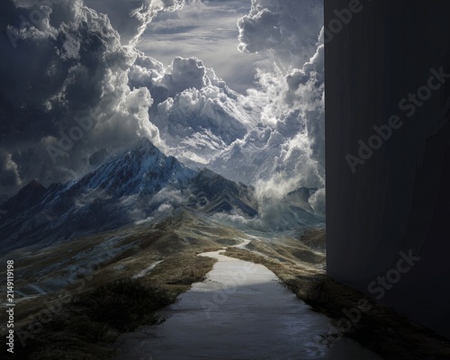 Dramatic mountain landscape with river and stormy sky painting.