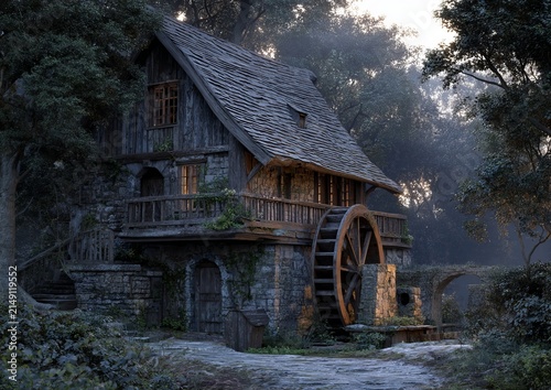 Enchanting Water Mill House Nestled in a Mystical Forest.
