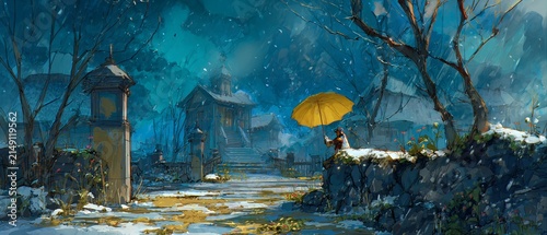 Enigmatic Nightscape - A Tranquil Journey Through a Rain-Kissed Village.