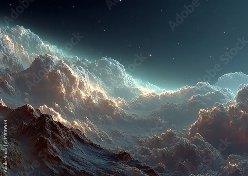 Ethereal Mountainscape with Celestial Glow - A Dreamlike Vista of Light and Shadow.