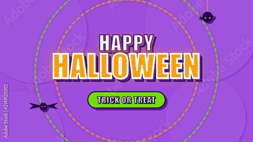Happy Halloween Greeting with Spooky Ghost Skull Spider and Bat on Purple Background