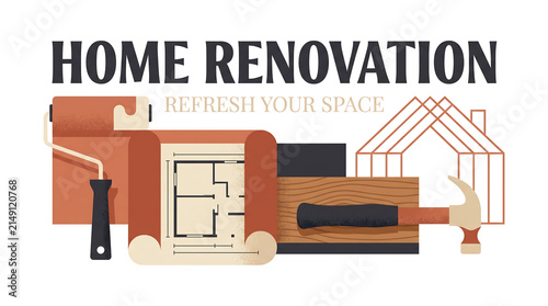Home renovation tools and blueprints represent a house remodel.