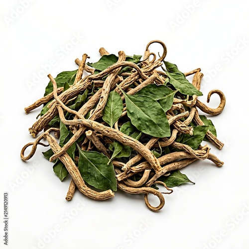 Dried Licorice Roots with Green Leaves.