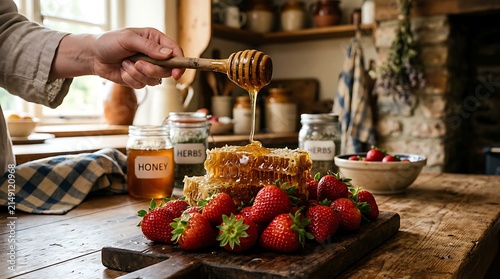 Drizzling Honey Over Fresh Strawberries on a Wooden Table.