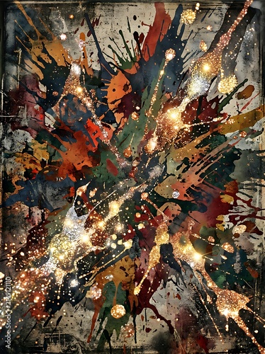Dynamic abstract painting with vibrant multi colored paint splashes and light effects.
