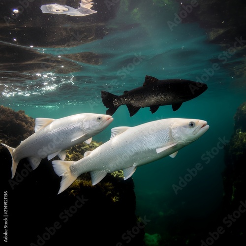 Great white shark swimming in clear ocean water.