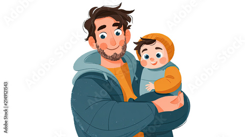 Happy Father Holding Smiling Toddler Child Cartoon Character Illustration Isolated on Transparent Background