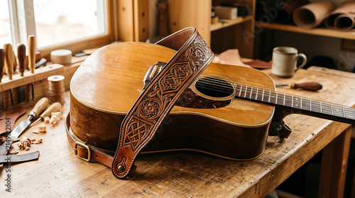 Ornate Leather Strap Resting on a Vintage Acoustic Guitar in a Workshop Setting