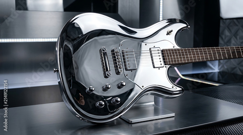 Shiny Chrome Electric Guitar with Reflective Body Displayed in a Modern Setting
