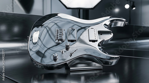 Striking chrome electric guitar body with intricate hardware reflecting light on a dark surface
