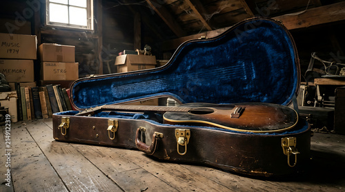 Vintage Acoustic Guitar Resting Inside an Open Leather Case in a Rustic Attic
