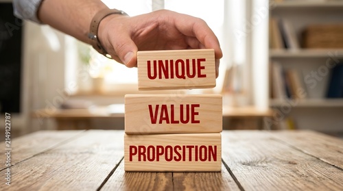 Hand placing wooden block with unique value proposition text on table