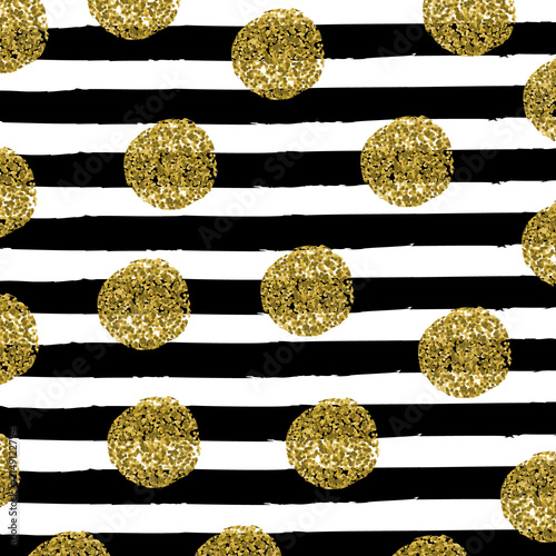 gold glitter circles on black and white stripes seamless pattern background