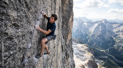 Professional rock climber scaling steep limestone cliff in mountain range