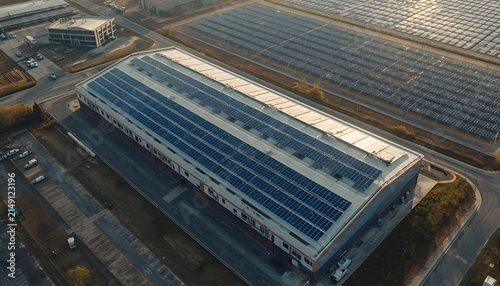 Aerial View of Industrial Building with Rooftop Solar Panels Beside Large Solar Farm, Renewable Energy Infrastructure, Sustainable Manufacturing and Clean Power Generation