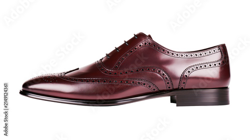 Obraz na plátne Shiny burgundy leather wingtip brogue oxford shoe with black laces, isolated on