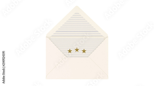 Open cream envelope with gold stars and striped lining, isolated on transparent background