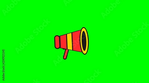 Red and yellow bullhorn icon on green screen background emitting arrows and stars for marketing and news promotion