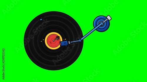 Retro Cartoon Vinyl Record Player Turntable Illustration on Green Screen