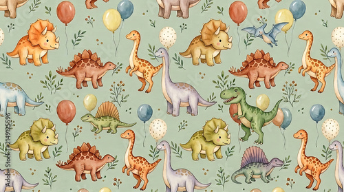 Seamless Pattern with Cute Watercolor Dinosaurs and Balloons