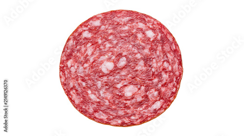 Round slice of cured salami with marbled fat, isolated on transparent background