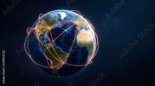 Global air travel routes connecting continents on Earth