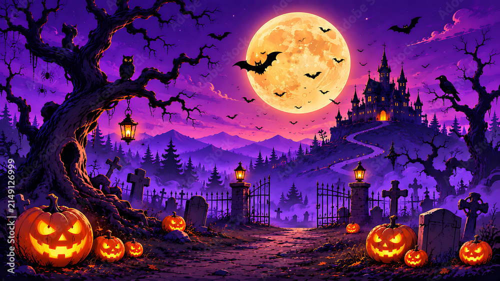 Fototapeta premium Spooky halloween cemetery landscape with glowing pumpkins under a giant full moon