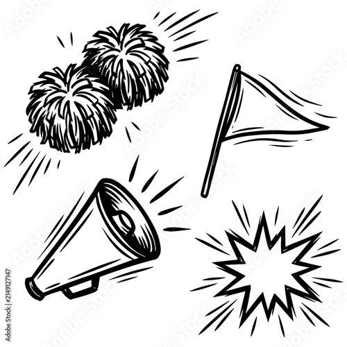 Cheerleading accessories set with pom poms, megaphone, flag and speech bubble back to school