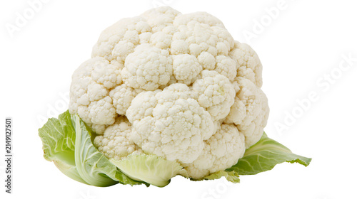 Obraz na płótnie Fresh white cauliflower with green leaves, isolated on transparent background