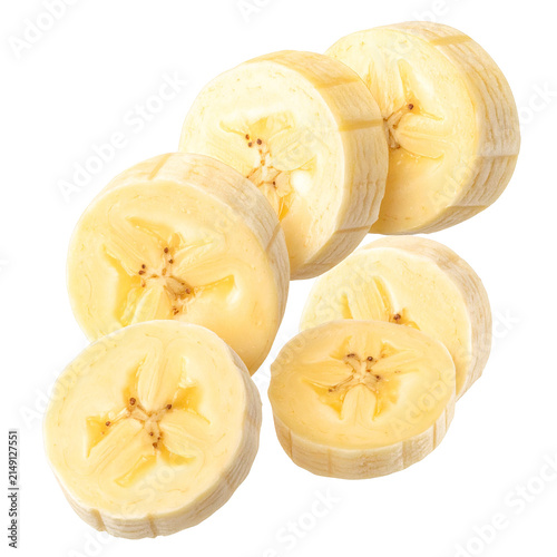 Sliced Banana Perfection: Perfectly sliced rounds of ripe banana, showcasing their star-like cross-section and creamy texture, arranged artfully for a healthy and delicious presentation.