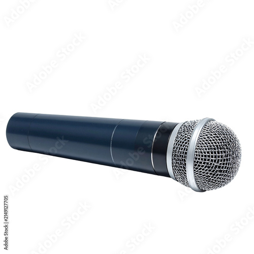 Classic Microphone on Standby: A dark blue classic microphone with a silver grille rests on a plain background, ready for sound capture.