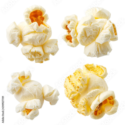 Crispy Popcorn Collection: A close-up montage showcases four distinct pieces of fluffy, golden popcorn, highlighting their airy texture and irresistible appeal.