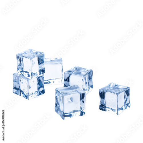 Ice Cubes on White: A cluster of clear ice cubes, glistening and reflecting light, arranged on a plain surface, representing coolness and refreshment.