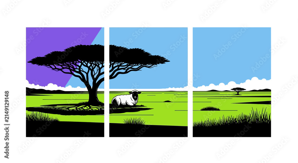 Fototapeta premium Sheep Resting Under Acacia Tree in Savanna Landscape Triptych