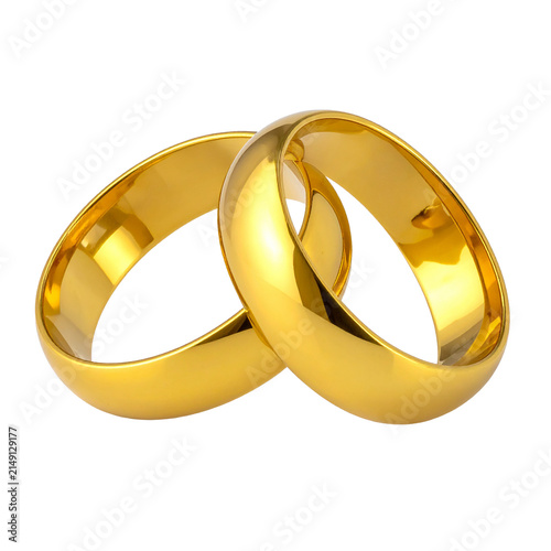 Golden Rings Entwined: Two lustrous gold wedding rings, symbols of eternal love and commitment, are elegantly intertwined, representing a deep bond and a shared future.