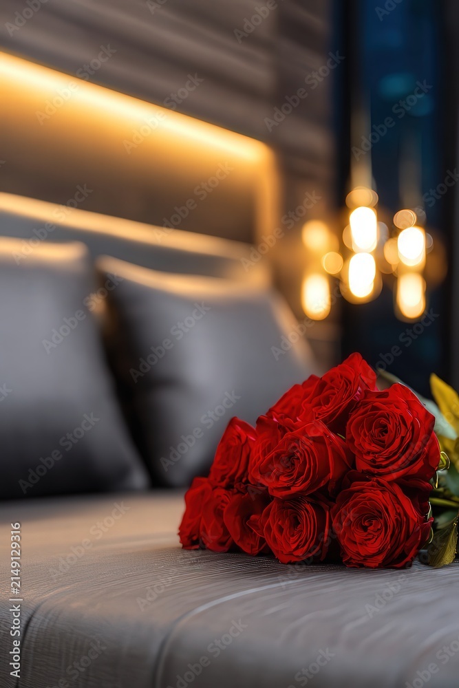 Fototapeta premium A bouquet of red roses rests on a neatly made bed, with soft lighting creating an intimate ambiance, Perfect for conveying romance, love, or special occasions in marketing or editorial contexts,