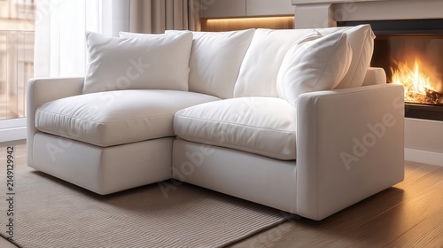 Cozy white sectional sofa in a modern living room, illuminated by natural light and a warm fireplace, perfect for home decor projects, real estate marketing, or lifestyle blogging,