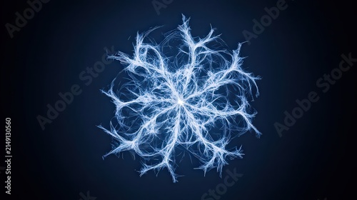 A detailed abstract image of electric blue lightning patterns forming a unique snowflake shape against a dark backdrop, ideal for technology, science, or design projects,