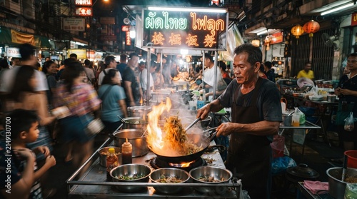 Thai street food chef stir frying noodles in a flaming wok at night market