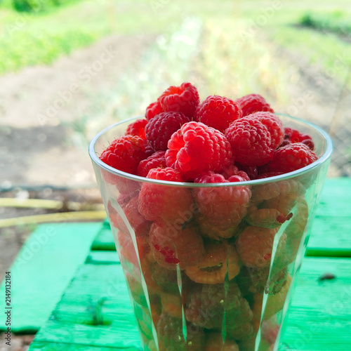 Close up of fresh raspberries in transparent glass outdoors