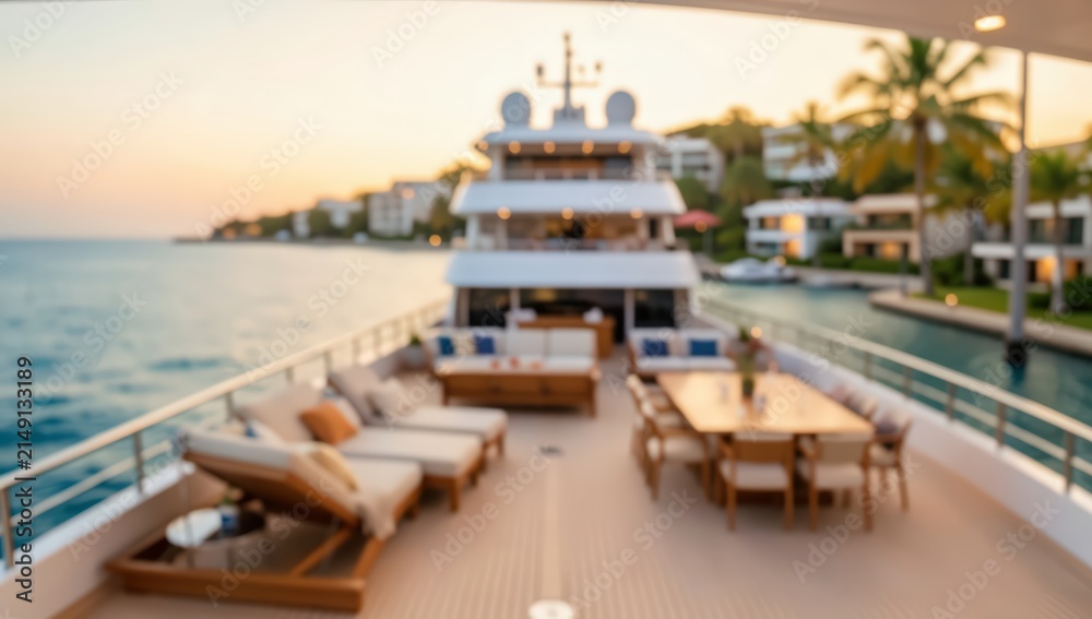 Fototapeta premium Luxury yacht deck blurred background sunset lifestyle travel vacation bokeh abstract sea wealth furniture