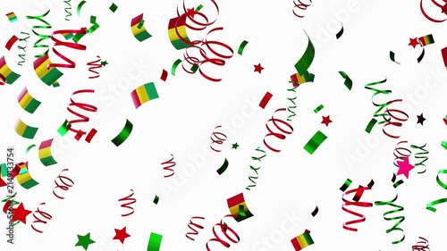 Confetti falls down with bright colors and patterns. National flags of Guinea appear and celebrate a special event. The animation shows a lively atmosphere filled with joy