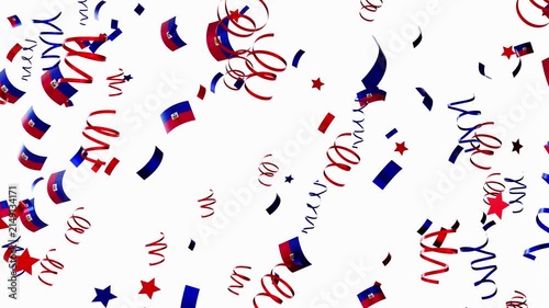 Confetti falls in a joyful display with national flags of Haiti featured prominently. This 3D animation showcases a festive atmosphere filled with colors